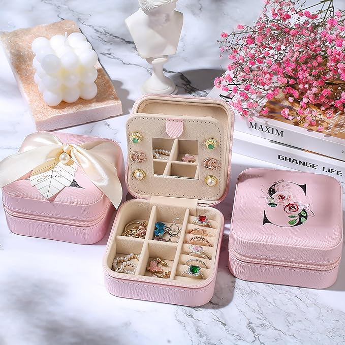AYGXU Mothers Day gifts,Graduation Gifts for Her, Bridesmaid Gifts,Drinking glass with Bamboo Lids and Straw,Jewelry Organizer,Travel Essentials Small Jewelry Box,Teen Girls Gifts,Initial K pink