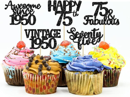 Gyufise 30 Pack black Glitter 75th Birthday Cupcake Toppers Vintage 1950 Cake Toppers Hello 75 Cake Topper Sixty Five 75 & Fabulous Cupcake Picks 75th Birthday Cake Decorations Supplies