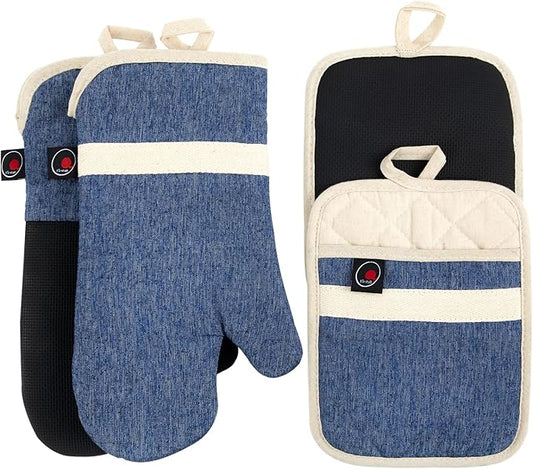 Oven Mitts and PotHolders Sets, 4 Pcs Kitchen Oven Glove High Heat Resistant 400°F Pot Holders for Kitchen, Non-Slip Neoprene Oven Mitts are Suitable for Cooking, Baking (Blue)