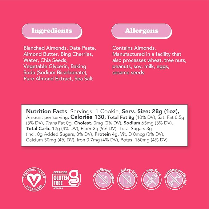 Love + Chew Superfood Soft Baked MINI Cookies, Cherry Almond Flavor, Plant Based Cookie Made With Chia Seeds, Almonds & Cherries for Kids and Adults, Vegan Snacks, Gluten Free, Paleo, Non GMO, 18 Pack