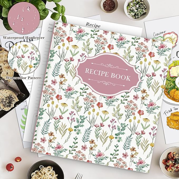 Lanpn Recipe Binder 8.5x11 3 Ring Kit, Blank Organizer Recipe Binder Waterproof Cookbook to Write in Your Own Recipes with 60 Plastic Sleeves,116 Recipes, Dividers,Labels & Stickers, Pink
