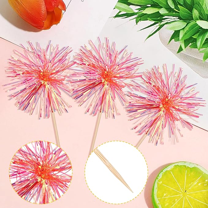 30 PCS Foil Firework Cupcake Toppers Happy Birthday Cupcake Toppers Sparkle Tinsel Flower Drink Stirrers Cocktail Fruit Toothpicks for Valentine's Day Baby Shower Party Cake Decor Supplies Orange