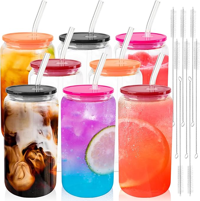 Joyclub 8pcs Glass Cups with Acrylic Lids and Straws 16 oz Can Shaped Glass Iced Coffee Cups with Lids and Straws, Cute Tumbler Cup Drinking Glasses for Smoothie Whiskey Boba Soda Tea Gift