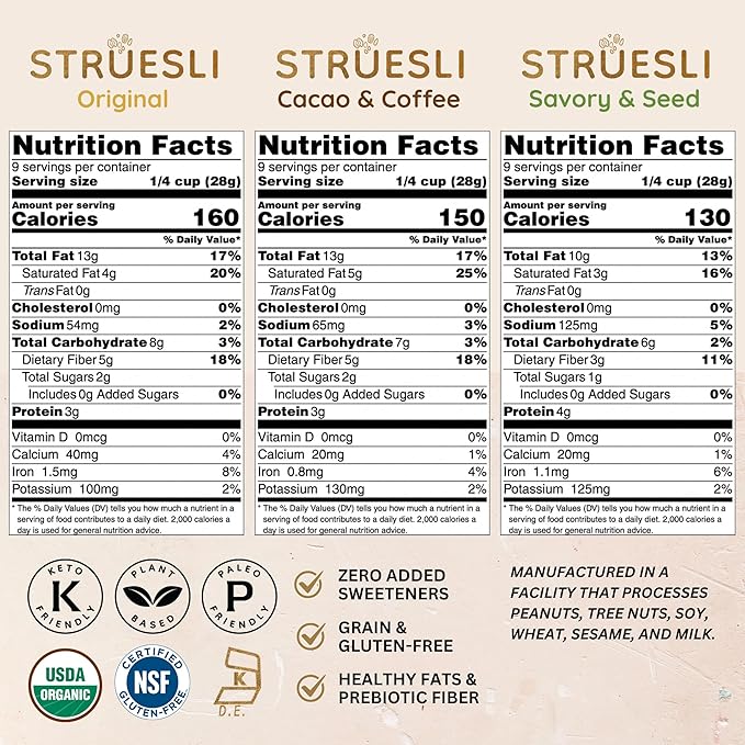 Struesli Granola Variety Pack, Organic Grain & Gluten Free Healthy Snacks, Keto & Paleo Friendly, Includes Original, Cacao + Coffee & Savory + Seed Flavors, Prebiotic Fiber, 3 Count, 9 Oz Each