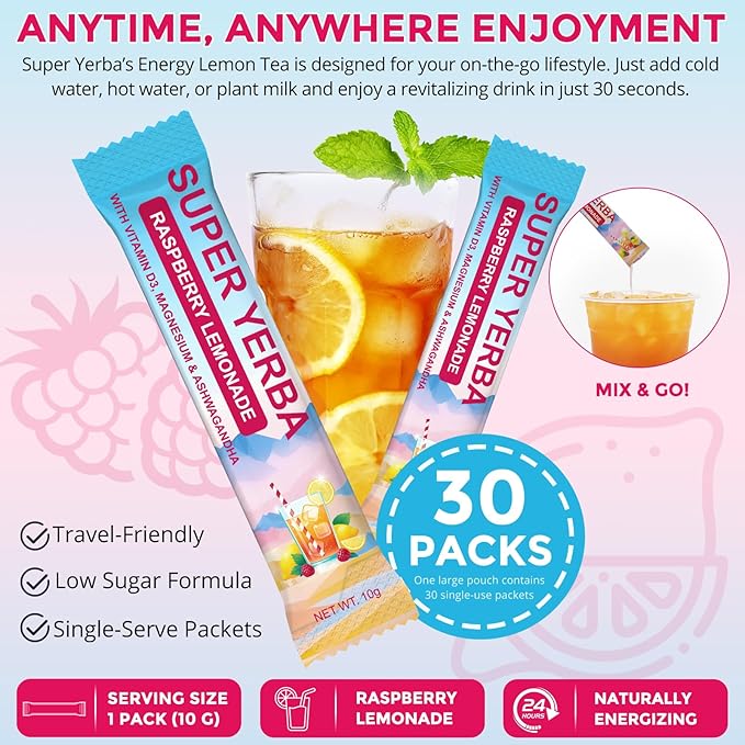 Yerba Mate Instant Tea Powder -Super Yerba Mate 30 Servings with Vitamin D3, Magnesium & Ashwagandha | Energy, Focus & Digestive Health | Low Sugar