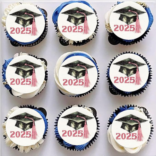 Gyufise 48Pcs Edible 2025 Graduation Cap Cupcake Toppers Wafer Paper Class of 2025 Grad Cap Cupcake Picks for 2025 Graduation Theme Party Cake Decorations Supplies Pink