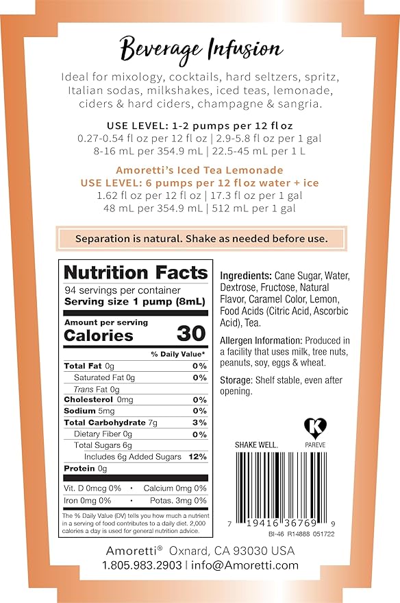 Amoretti - Iced Tea Lemonade Beverage Infusion Drink Mix & Water Enhancer with Pump for Flavoring Cocktails, Waters, Tea, and other Beverages, 94 Servings Per Bottle (750 ml), Preservative Free