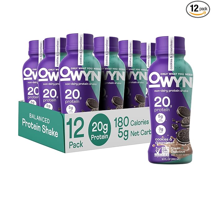 OWYN Only What You Need Plant Based Protein Shake, 20g Vegan Protein from Organic Pumpkin Seed, Flax, Pea Blend, Prebiotic Supplement, Superfood Greens, Gluten & Soy-Free (Cookies & Creamless)