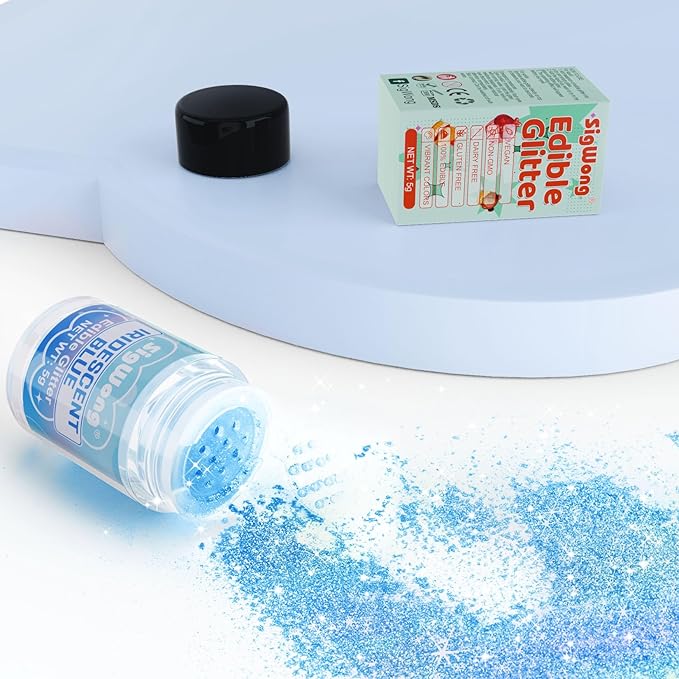 Iridescent Blue Edible Glitter - 5g Food Grade Cake Decorating Shimmering Glitter, Edible Sprinkle Luster Dust for Drinks, Chocolates, Fondant, Strawberries, Cupcakes, Candy, Cookie - Vegan
