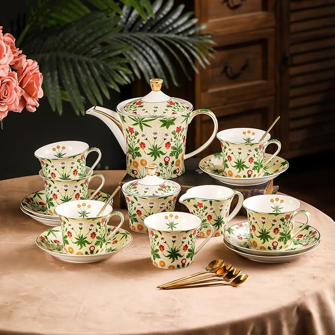 ACMLIFE Tea Set for Adults- Fine China Tea Set for 6, 21-Piece Vintage Coffee Set English Porcelain Tea Pot Sets for Adult Tea Party for Women Gift (Yellow ZF, Extra Large 21)