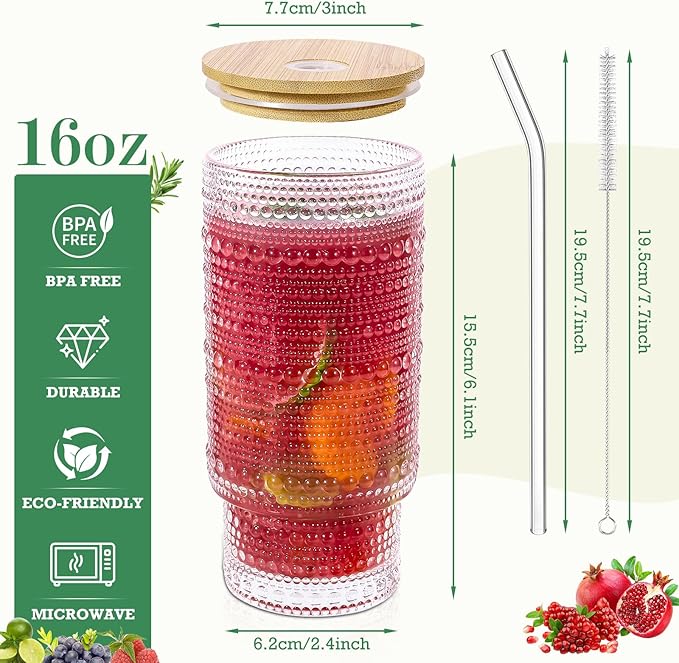 16 Oz Glass Cup with Lid and Straw, Vintage Embossed Glassware for Whiskey Cocktail Beer, Iced Coffee Cup with Lid, Glass Tumbler (1 PACK)