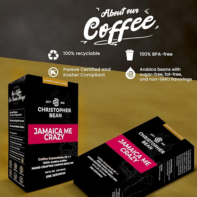 Christopher Bean Coffee - 396 servings, 30 to 1 Blend Bag in Box Liquid Instant Coffee or Cold Brew Coffee Concentrate - Hot or Iced Coffee - Jamaica Me Crazy