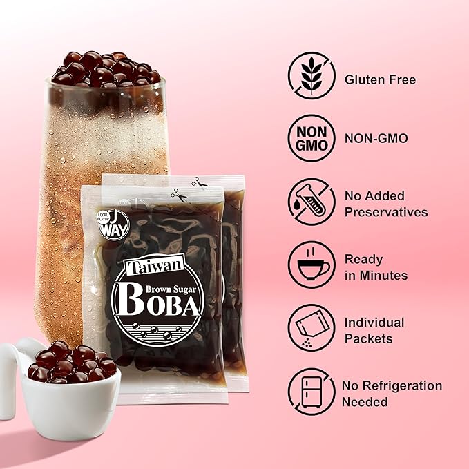 J WAY BOBA Authentic Instant Tapioca Boba Pearls for Milk Tea, Smoothies and Desserts, Brown Sugar Flavor (Ready in Just 20 Seconds) - 5 Servings