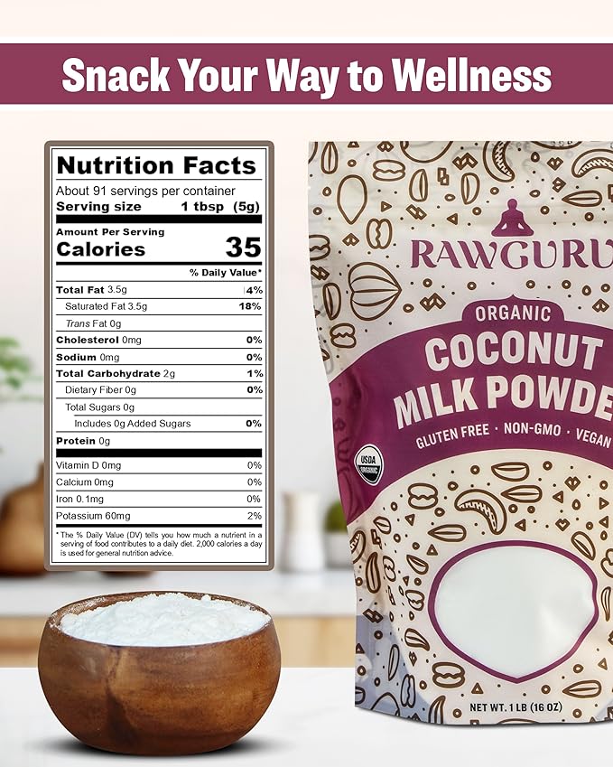 RawGuru Organic Coconut Milk Powder - Vegan & Nutrient-Dense Powder with Iron & Potassium - Rich & Creamy Organic Milk for Drinking or Baking - 80 oz, Pack of 1