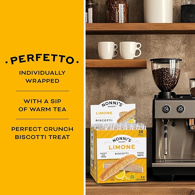 Nonni's Limone Lemon-Iced Biscotti Cookies – Individually Wrapped Italian Tea-Time Snack, Crunchy Twice-Baked, 110 Cal Each, 21.5 oz Carton