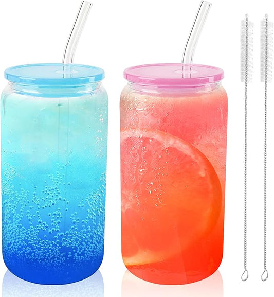 Joyclub 2pcs Glass Cups with Acrylic Lids and Straws 16 oz Can Shaped Glass Iced Coffee Cups with Lids and Straws, Cute Tumbler Cup Drinking Glasses for Smoothie Whiskey Boba Soda Tea Gift