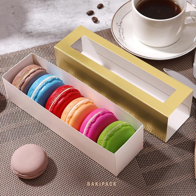 25 Macaron Boxes for 6 Macarons Gold Macaron Boxes with Interior Measurement 7.3" x 1.9" x 1.9" Macarons Gift Boxes with Clear Window (without Macaron inside)