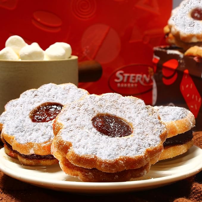 STERN'S BAKERY Linzer Tart Cookies – Christmas Cookies in a Tin | Raspberry Shortbread Cookies – Gourmet Holiday Food Gifts for Women, Corporate & Friends – Kosher, Nut Free, Dairy Free
