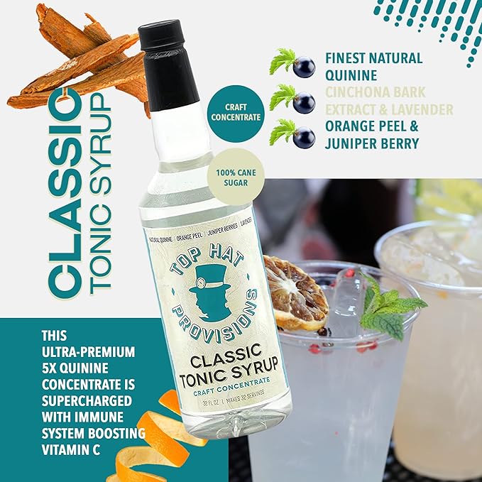 Top Hat Classic Tonic Syrup – 5x Quinine Tonic Water Concentrate – Make Tonic Water at Home – Just add Seltzer Water - 32oz bottle