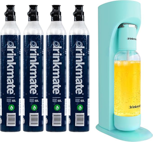 Drinkmate OmniFizz Sparkling Beverage Maker CO2 Bundle - Sparkling Water/Soda Streaming Machine That Carbonates Any Drink - Includes 4 CO2 Cylinders, 1 Carbonation Bottle, 1 Fizz Infuser - Arctic Blue