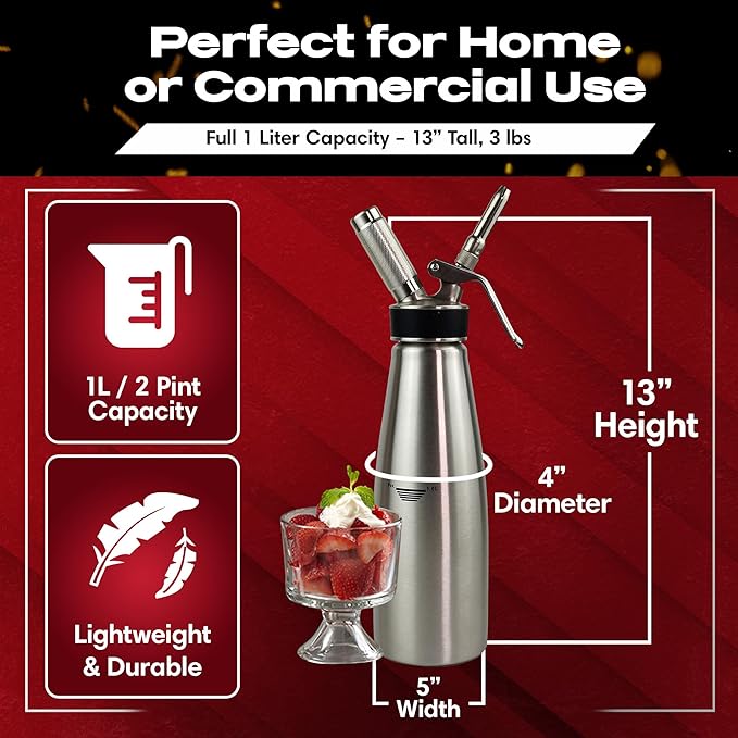 Chef Master (2 Pint / 1 Liter) Stainless Steel Whipped Cream Dispenser - Decorating Tips for Desserts, Latte + Cleaning Brush - Whip Cream Dispenser Canister for Home, Bakery or Restaurant - 90079