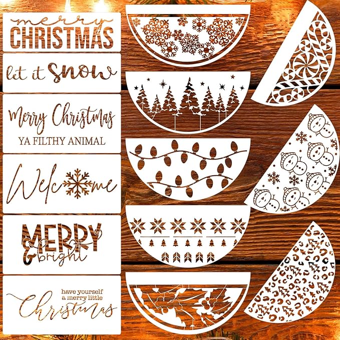 Christmas Stencils for Painting on Wood 12” Large Christmas Stencil Reusable Half Round Holiday Drawing Templates for Painting on Wood DIY Crafts Doormat Canvas Window Decor
