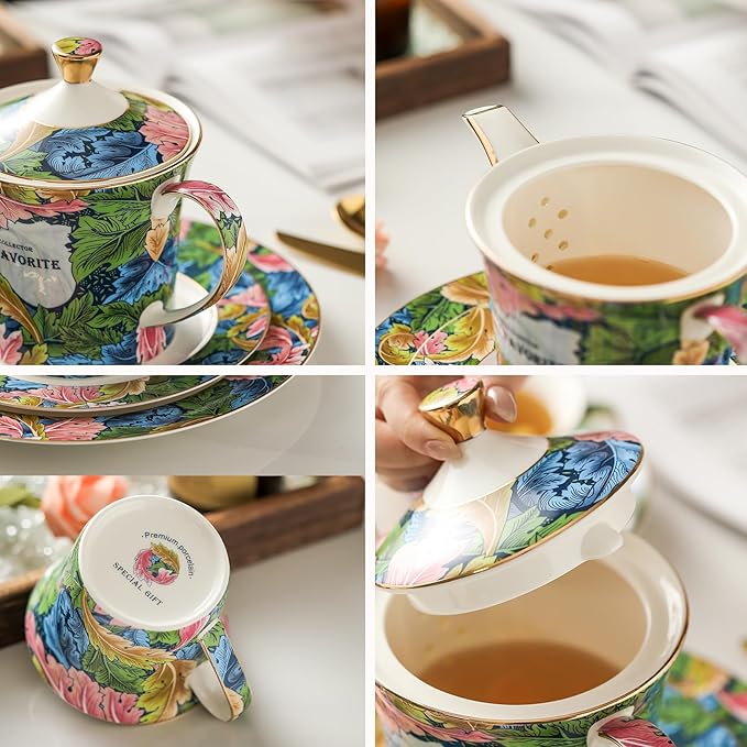 ACMLIFE Tea Cup and Saucer Set for 1, Vintage Floral Bone China Tea Cup Set with Saucer 24K Gold, Porcelain Tea Cup with Spoon and Gift Box, 6.8 oz (Green)
