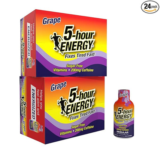 5-hour ENERGY Regular Strength Energy Shot, Grape Flavor (1.93 oz., 24 Count) Zero Calories & Sugar-Free 200 mg Caffeinated Energy Shot, Amino Acids & B Vitamins, Dietary Supplements