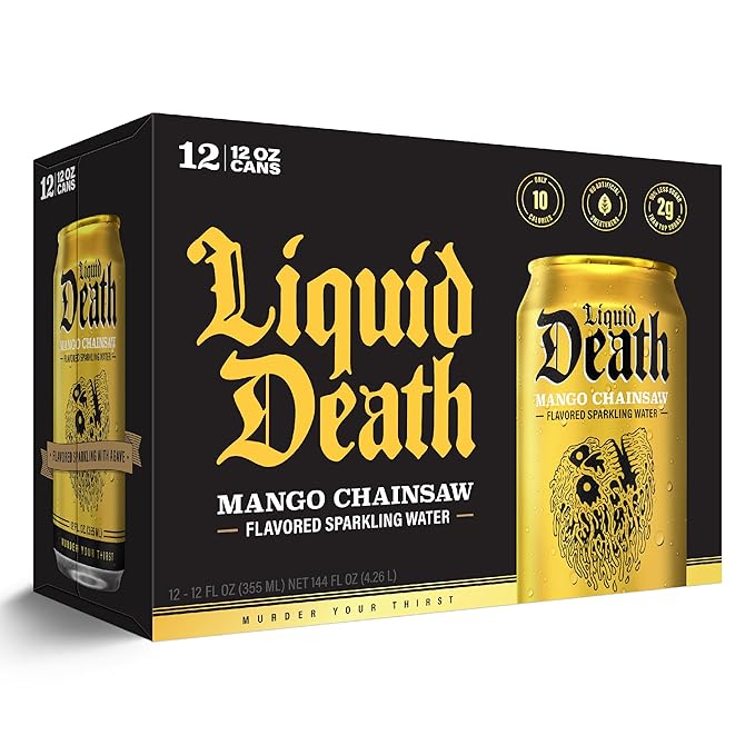 Liquid Death, Mango Chainsaw, Soda-Flavored Sparkling Water, 12-Pack (12oz Cans), Low Sugar, Huge Flavor & No Artificial Sweeteners