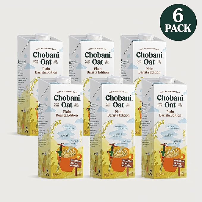 Chobani Oat Milk, Plain Oat Barista Edition, Shelf Stable Non Dairy Milk, Creamer, Vegan Friendly, Gluten-Free, 32 FL OZ (Pack-6)