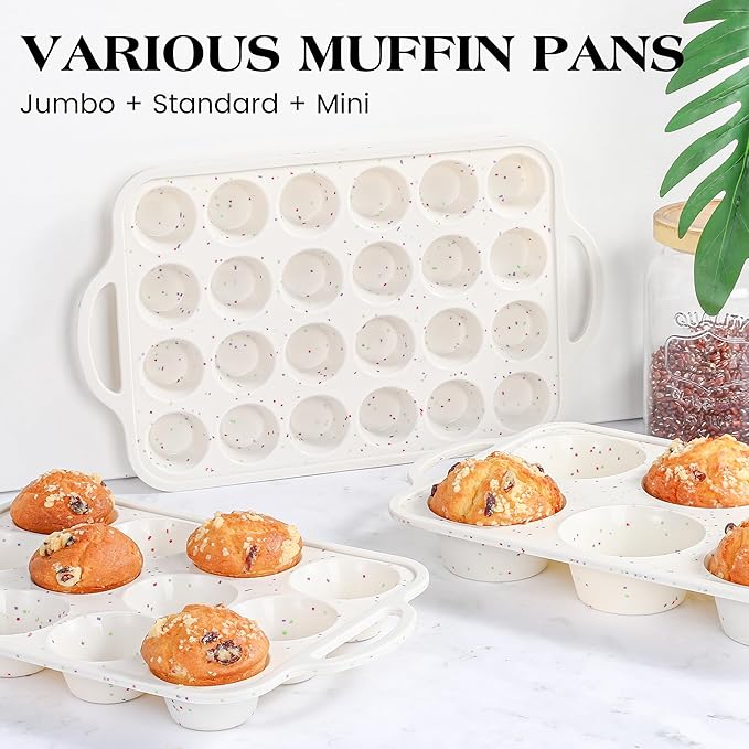1 Pc Silicone Mini Muffin Pan With Metal Frame, 24 Cups Nonstick Cupcake Tray for Baking, Small Muffin Molds with Handles (Cream)