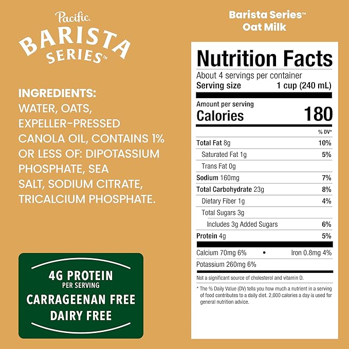 Pacific Foods Barista Series Original Oat Milk, Plant Based Milk, 32 oz Carton (Case of 12)