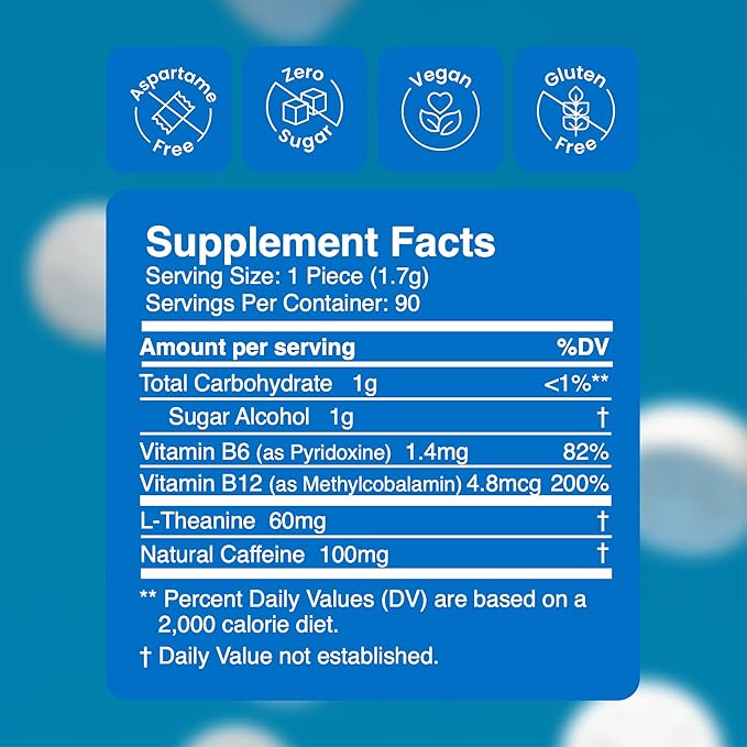 Neuro Energy & Focus Gum, Extra Strength - 100mg Natural Caffeine Gum & Nootropic Energy Supplement with L-Theanine & B Vitamins - Sugar Free, Vegan - Peppermint, 90ct