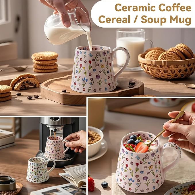 12 oz Ceramic Coffee Mug - Gift for Women & Girls - Cute Pink Coffee Cup w/Unique Design, Perfect for Home, Office, Tea, Latte, Milk - Ideal Present for Friends (Pink)