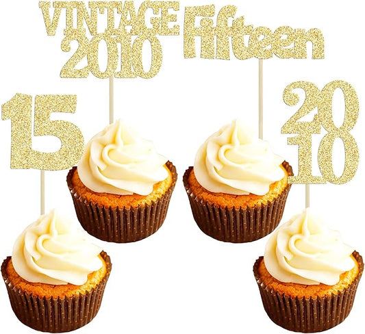 Gyufise 24Pcs Sweet 15 Cupcake Toppers Glitter Fifteen Vintage 2010 15th Birthday Cupcake Picks Hello 15 Years Birthday Cake Decorations for Happy 15th Anniversary Party Supplies Gold