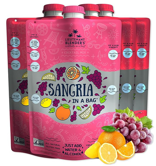 Lt. Blender's Sangria in a Bag – Wine Slushie Mixes - Each Bag Makes 1/2 Gallon of Frozen Red Sangria Mix – Non-GMO Wine Freezer Mix - Make with Wine, Liquor or as a Mocktail - (Pack of 4)
