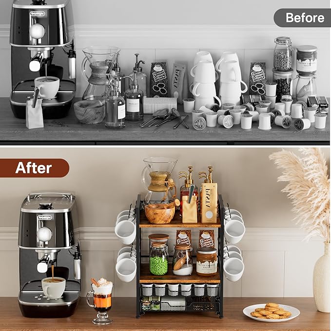 Coffee Bar Organizer Countertop Station Shelf - 4 Tier Mug Holder Stand With 12 Hooks, 30 K Cup Pod Drawer, Multifunctional Shelf for Accessories Kitchen