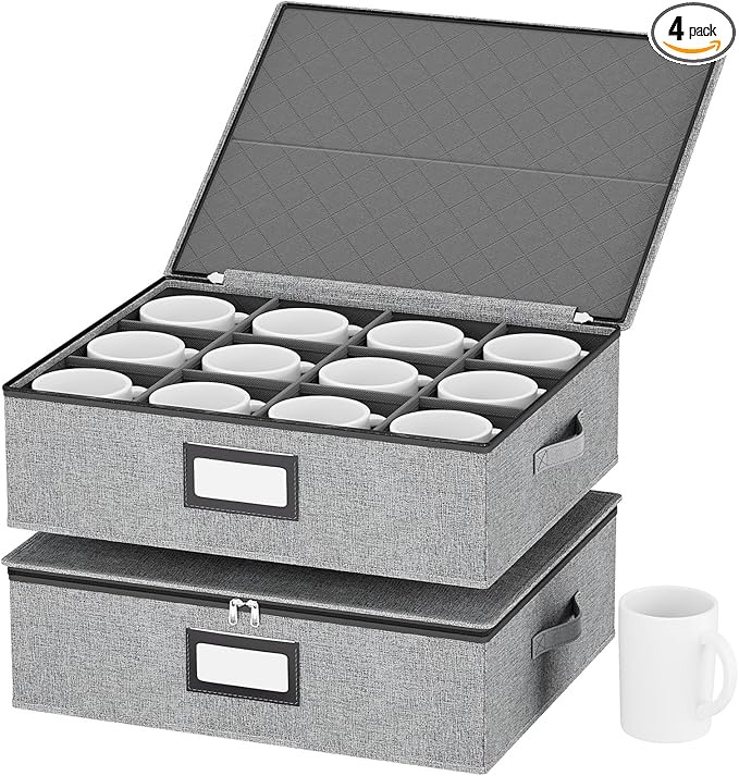 homyfort Coffee Mug Storage Box with Dividers, Durable China Storage Containers for Coffee Mugs, Tea Cups Storage Organizer with Lid, Handles, Label Window, Holds 24 Mugs, Hard Shell and Stackable