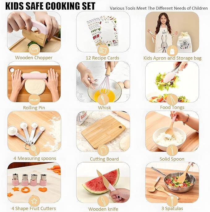 Wooden Cooking & Baking Set for Real Cooking, 32PCS Mini Knife Set Safe Montessori Kitchen Tools, Kitchen Knifes/Cutting Board/Apron with Storage Bag, Baking Utensils Christmas Gift for Little Chef