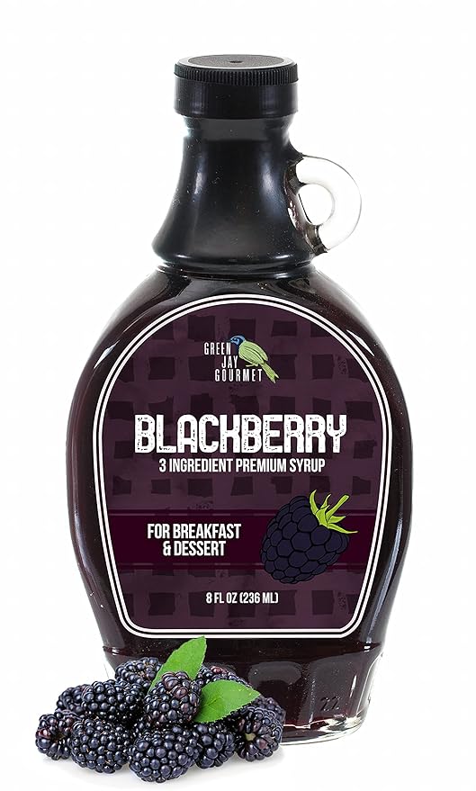 Green Jay Gourmet Blackberry Syrup - 3 Ingredient Premium Breakfast Syrup with Fresh Blackberries, Cane Sugar, Lemon Juice - All-Natural, Non-GMO Pancake Syrup, Waffle Syrup, Dessert Syrup - 8 Ounces