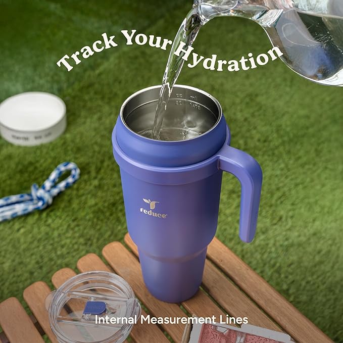 REDUCE 50 oz Stainless Steel Tumbler with Handle - Dual-Wall Vacuum Insulated Travel Mug, Sweat-Proof Lid & Reusable Straw - Keeps Drinks Cold for 24 Hrs, Fits Cupholders, Dishwasher Safe - Pink Clay