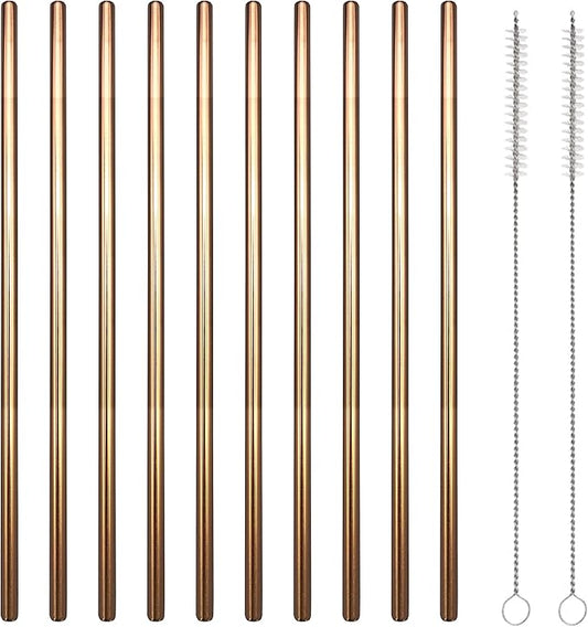 10 Pcs Stainless Steel Straws, Reusable Drinking Straws, Straight Metal Straw Sets with 2 Pcs Cleaning Brushes (8.5 Inch, Rose Gold)