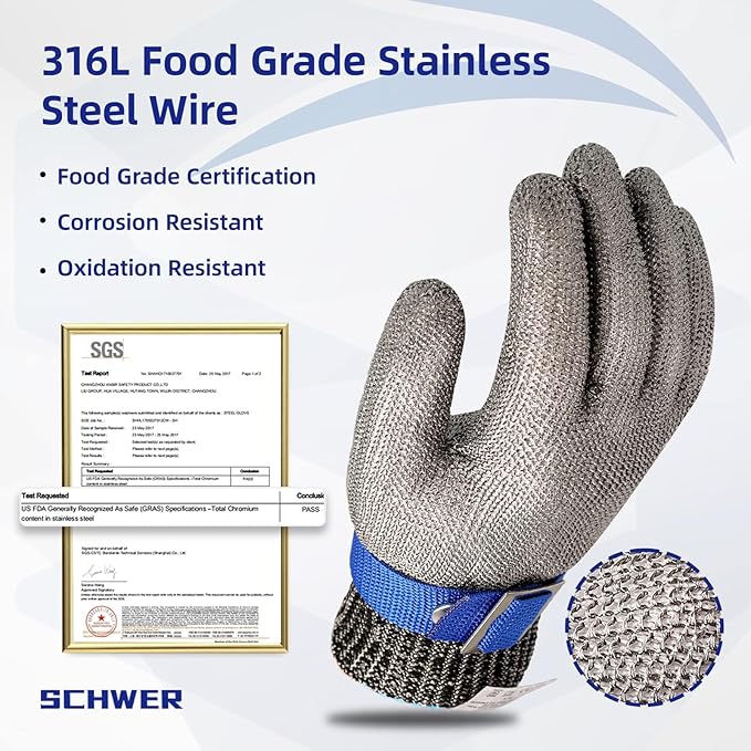Schwer SlicePro ANSI A9 Cut Resistant Glove PR1706, Stainless Steel Mesh Metal Glove, Food Grade for Kitchen Cooking, Butcher Meat Cutting, Oyster Shucking, Mandoline, Non-PFAS (L, 1 PCS)