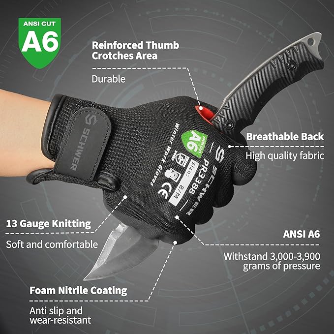 FreezeGuard Winter Work Gloves for Men and Women, ANSI A6 Cut Resistant Gloves With Super Grip, Freezer Glove for Work, Touchscreen, Thermal Insulated, Non PFAS, PR3388, Black Knight (M, 2 Pairs)