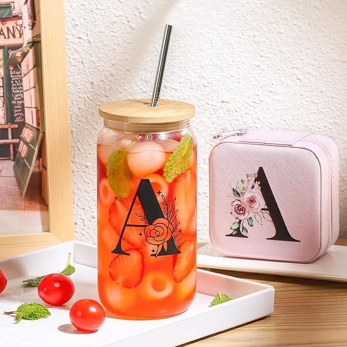 AYGXU Travel Jewelry Cases Organizer,Travel Essentials,Travel Gifts for Women Girls,16oz glass cup with bamboo lid and straw,aesthetic glass cup,Cute Tumbler Cup,Teacher Gifts,Initial E pink