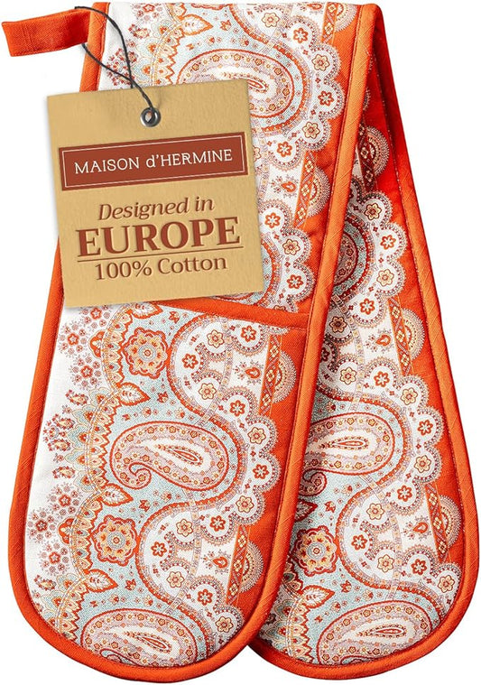 Maison d' Hermine Double Oven Mitts 100% Cotton 7"x35" Double Oven Mitt Heat Resistant BBQ Cooking Gloves with Loop, Baking, Grilling, Home, Kitchen, Handling Hot Pans (Cachemire)