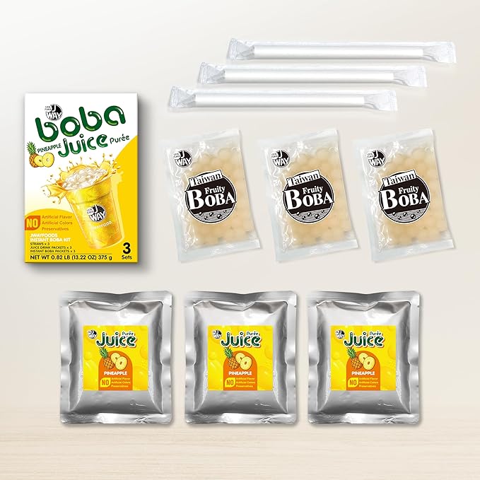 J WAY Instant Boba Bubble Pearl Pineapple Juice Drinks Kit with Authentic Crystal Tapioca Boba, Ready in Under One Minute, Paper Straws Included, 3 Servings