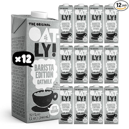 Oatly Barista Edition Oat Milk - Crafted for Coffee | Dairy-Free, Plant-Based, Shelf-Stable Milk that makes Perfect Foam (32 oz, 12-pack)