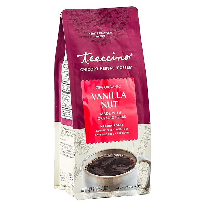 Teeccino Vanilla Nut Chicory Coffee Alternative - Ground Herbal Coffee That’s Prebiotic, Caffeine Free & Acid Free, Medium Roast, 11 Ounce (Pack of 6)