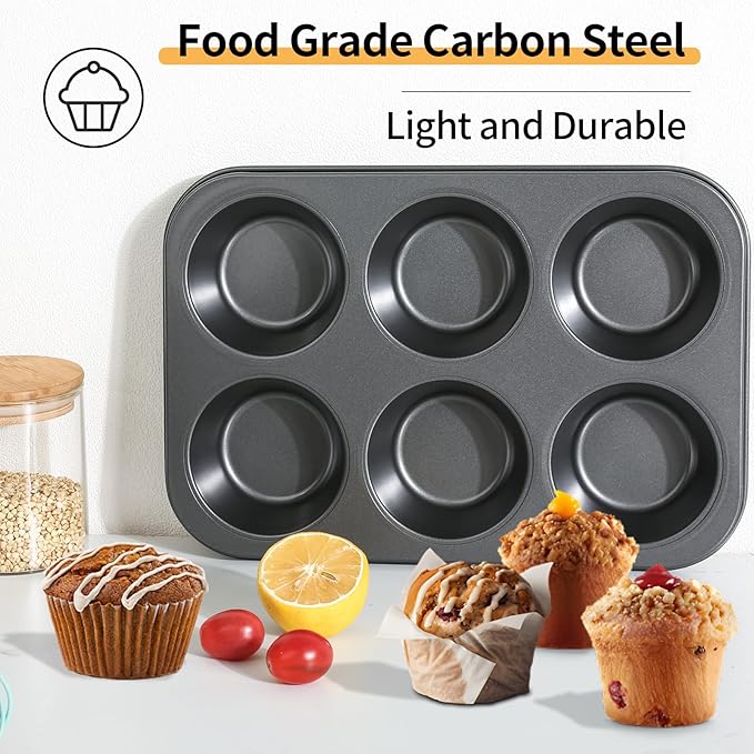 Jumbo Muffin Pan 2-Pack 6-Cups Cupcake Pan, Premium Large Muffin Tin for Baking, Non-Stick and Thickened Carbon Steel Jumbo Cupcake